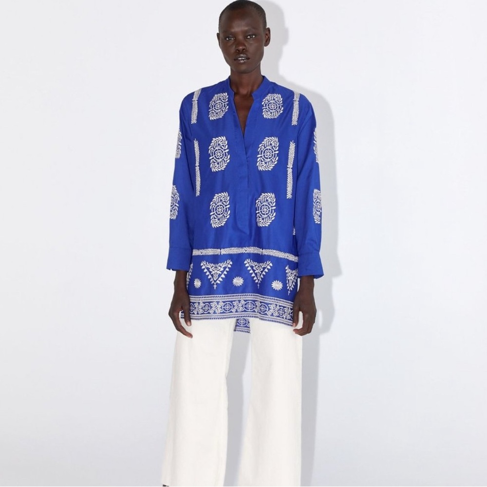 ZARA Embroidered Cotton Tunic Hi Lo Hem Blue/White Size Small
